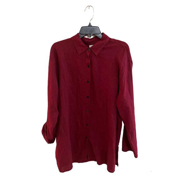 Chicos Design Womens Sz 2 Red Maroon 100% Linen Tunic Length Shirt (US size LG) - Picture 1 of 10